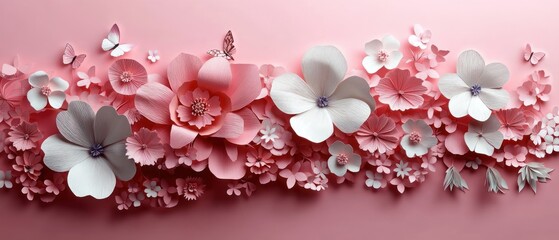 Elegant arrangement of delicate pink and white paper flowers with softly fluttering butterflies against a smooth pink background conveying beauty and calmness