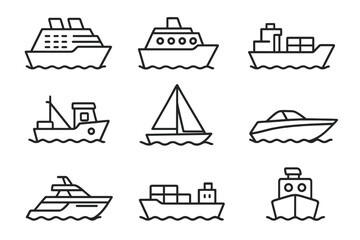 Ship and boat line icon set. Vector collection of various water transport signs. Cruise liner, cargo ship, sailboat, yacht, fishing boat symbols for web and graphic design.