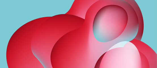 Abstract red shapes overlap light blue background. Smooth forms create dynamic composition, suggesting connection, fluidity. Minimalist design.