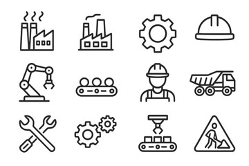 Naklejka premium Industry manufacturing line icon set. Factory, engineering and construction symbols. Automation, robotics, worker, truck and heavy equipment vector linear collection for web design.