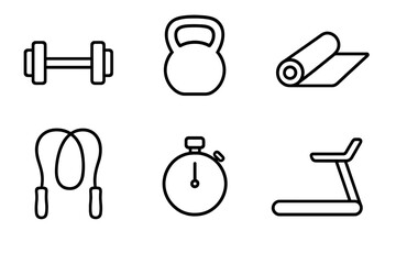 Gym equipment icon set. Fitness and workout line icons. Dumbbell, kettlebell, yoga mat, treadmill, jump rope, stopwatch. Vector for sport, health, cardio, and strength training.