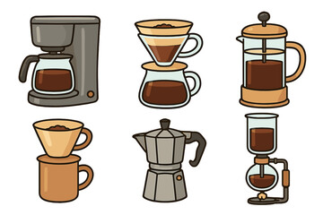 Coffee brewing methods vector icon set. Collection of different coffee makers: drip machine, pour-over, french press, moka pot, and siphon. Barista equipment for cafe.