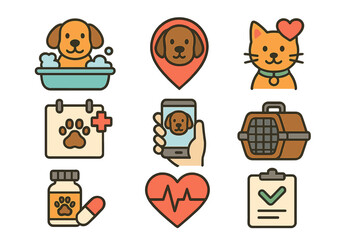 Pet care icon set. Veterinary medicine, grooming, and health management concept. Dog and cat cartoon symbols for mobile app, vet clinic, insurance, and animal services vector.