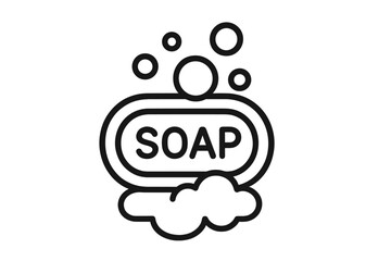 Soap bar with foam and bubbles line icon. Hygiene and cleaning concept. Vector outline symbol for skincare, sanitary products, web design. Personal care cartoon illustration.
