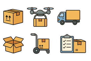 Logistics and delivery service icon set. Shipping and transport concept. Vector cartoon illustration of drone, truck, package, box, and checklist for e-commerce business.