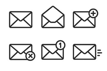 Mail icon set. Vector line art envelope symbols. New message, sending, delete, notification signs for email app. Communication interface element for web and mobile design.