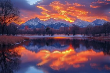 Vibrant orange and purple sunset over snow-covered mountains and city skyline reflected in a calm river surrounded by leafless trees and grasses