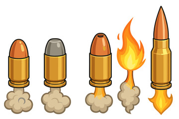 Vector set of cartoon bullets and ammunition. Firing pistol and rifle cartridges with smoke and fire plumes. Weapon ammo icons for games or military concepts. Isolated design.