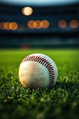 Close-up of a well-used baseball resting on green grass with blurred stadium lights in the background evoking anticipation of a game