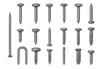 Set of different nails for construction and carpentry. Assortment of metal hardware. Common, roofing, masonry and finishing nails. Vector illustration isolated on white.