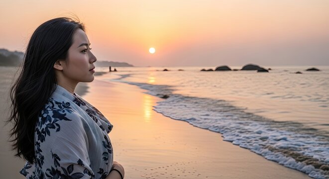 A woman standing on a beach at sunset, wearing a floral shawl, looking out at the ocean. - Powered by Adobe