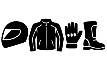 Motorcycle gear icon set. Biker safety equipment silhouette. Vector illustration of helmet, protective jacket, gloves and boots. Motorbike rider apparel graphic elements.