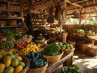 Fototapeta premium Produce at a local market, baskets of fruits and vegetables