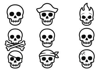Skull line icon bundle. Pirate head with crossbones, eyepatch, and bandana. Flaming, cracked skull. Danger, poison, death symbol. Jolly Roger. Vector cartoon set for web.