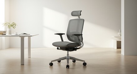 Ergonomic office chair with adjustable headrest and armrests stands in a bright, minimalist room next to a desk with books and flowers.