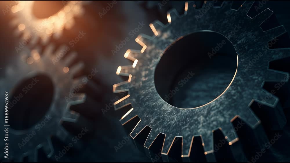 Poster mechanics of gears highlighted in close-up view with soft lighting illuminating intricate details an