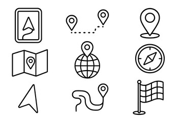 Navigation map outline icon set. GPS route, location pin, and destination symbols. Vector line art collection for travel, direction, and journey concepts. Path, pointer, compass.