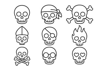 Skull thin line icon set. Pirate, Jolly Roger, crossbones, danger, love, fire symbols. Outline death pictogram collection for web, graphic design, apps, and Halloween vector pack.
