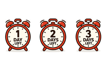 Countdown clock timer vector icon set. 1, 2, 3 days left. Sale promotion badge. Limited time offer special banner. Last minute deal symbol. Shopping deadline stopwatch.
