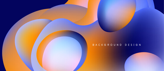 Abstract fluid shapes overlap, creating vibrant orange, blue gradients. Modern design evokes movement, depth, visual interest.