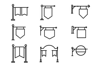 Street banner line icon collection. Outline signs for graphic and web design. Medieval flag and signboard pictogram set. Advertising pennant template. Vector illustration.