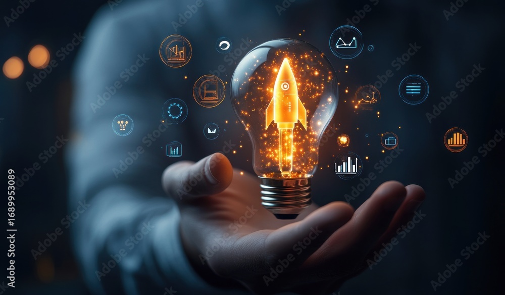 Poster Hand holding a glowing light bulb with a rocket icon inside surrounded by various floating business and technology data icons, symbolizing innovation and growth