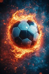 Fototapeta premium Classic black and white soccer ball engulfed in vibrant swirling flames against a dark smoky background, evoking intensity and energy