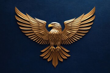 Detailed golden eagle sculpture with spread wings on dark blue textured background symbolizing power and freedom