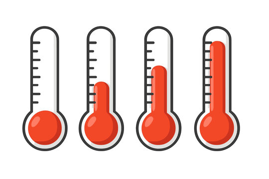 Thermometer vector icon set with different levels. Weather forecast symbol for hot and cold. Goal or progress meter. Red measuring tool isolated cartoon illustration.