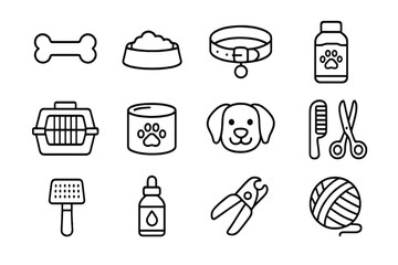 Pet care line icon set. Dog and cat grooming, food, and accessories. Vector illustration for vet, pet shop. Essentials collection with bone, collar, carrier, and toys.