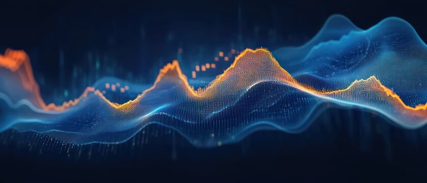 Abstract digital waveforms in blue and orange glowing dots and lines creating flowing mountain-like patterns on a dark background evoking technology and data visualization