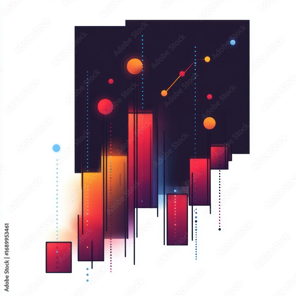 Poster abstract digital graph with colorful vertical bars and dotted lines on a dark background representin