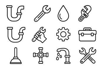 Obraz premium Plumbing service and maintenance outline icon set. Plumber tools for repair work. Vector collection of symbols including pipe, wrench, faucet, drain, leak, and toolbox.