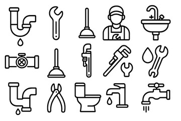 Plumbing service outline icon set. Plumber tools for home repair and maintenance. Vector linear symbols collection of pipe, wrench, sink, faucet, toilet, and water leak.
