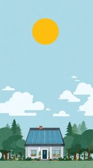 A cartoon country house with solar panels on the roof under a sunny sky amidst trees and clouds, evoking a sense of sustainable living and tranquility