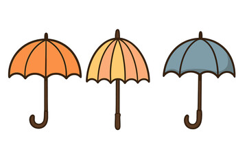 Set of three colorful umbrellas. Vector cartoon illustration of parasols in orange, yellow and blue. Simple outline icon for graphic design, web, rain or sun protection.