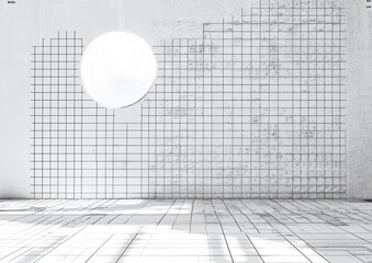 Minimalistic abstract space with intersecting black grid lines on white walls and floor surrounding a bright circular light source creating stark shadows