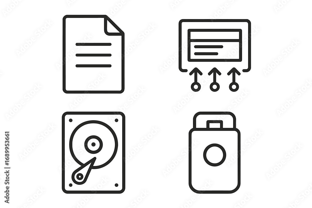 Fototapete file document linear icon set. digital data, hard drive, usb and storage outline collection. vector 