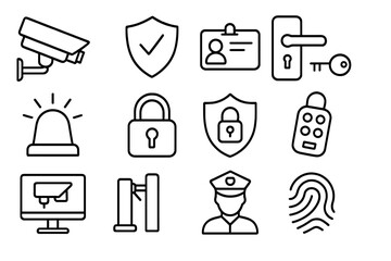 Security and access control line icon set. Thin outline symbols for safety and protection. Includes CCTV, alarm, lock, key, guard, id card, fingerprint and turnstile vector icons.