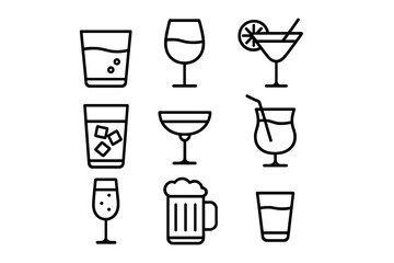 Glassware line icon collection. Simple vector outline icons of alcohol and drinks. Set of cocktail, wine, beer, and water glasses for a bar menu or party invitation design.