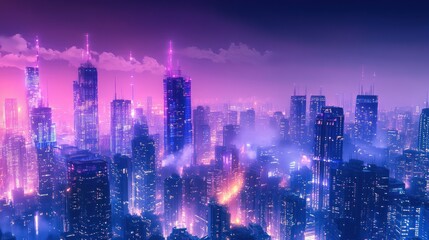 Fototapeta premium Futuristic cityscape at night illuminated with vibrant neon pink, purple, and blue lights under a cloudy sky creating a glowing, misty atmosphere