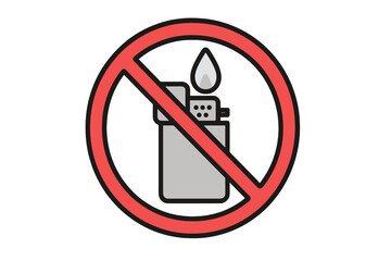 No lighter sign icon. No open flame symbol. Flammable materials prohibited. Fire hazard warning pictogram. Stop ignition danger sign for safety. No smoking area vector concept.