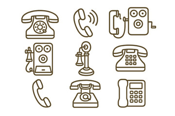 Vintage phone icon set. Retro telephone line art collection. Old communication technology symbols. Rotary, candlestick, and classic phone vector illustrations for web and graphic design.