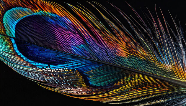Stunning macro photograph capturing the vibrant iridescent colors and intricate texture of a single peacock feather