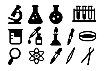Fototapeta premium Science and chemistry laboratory equipment icon set. Vector silhouettes for research, biology, and experiment concepts. Includes microscope, flask, test tube, and beaker.