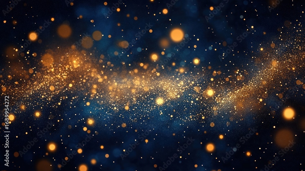 Poster abstract cosmic scene with glowing golden particles scattered on dark blue background creating a sen