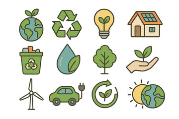 Ecology icon set. Green energy, sustainability, and environment concepts. Vector cartoon collection with renewable resources like solar panel, wind turbine, and electric car.