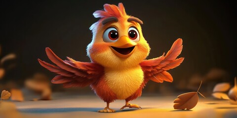 Cute animated orange bird with big eyes standing on ground with wings spread wide in joyful expression surrounded by fallen leaves