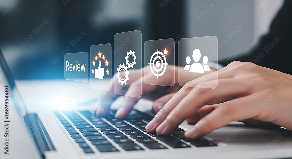 Poster hands typing on a laptop with icons representing performance review, goal setting, and teamwork, emp