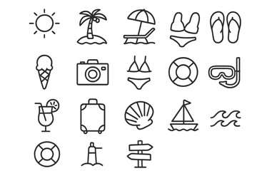 Summer beach outline icon set. Vacation and travel icons in a simple line style. Vector illustration for web and app. Sun, sea, palm, cocktail, and holiday symbols.